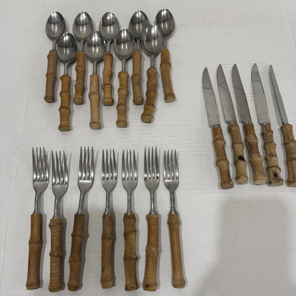 VINTAGE MID-CENTURY AUTHENTIC BAMBOO HANDLE TIKI FLATWARE STAINLESS STEEL JAPAN